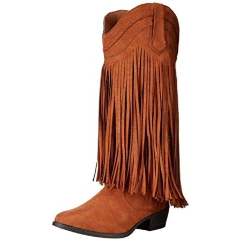 Faux Suede Knee High Fringe Cowgirl Boots